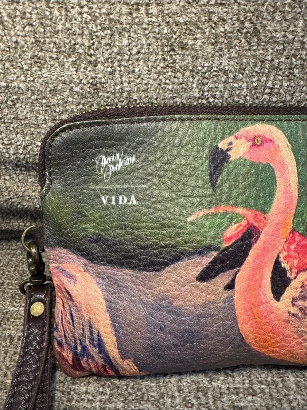 VIDA Flamingo Print Wristlet in Pink and Green - Picture 2 of 12